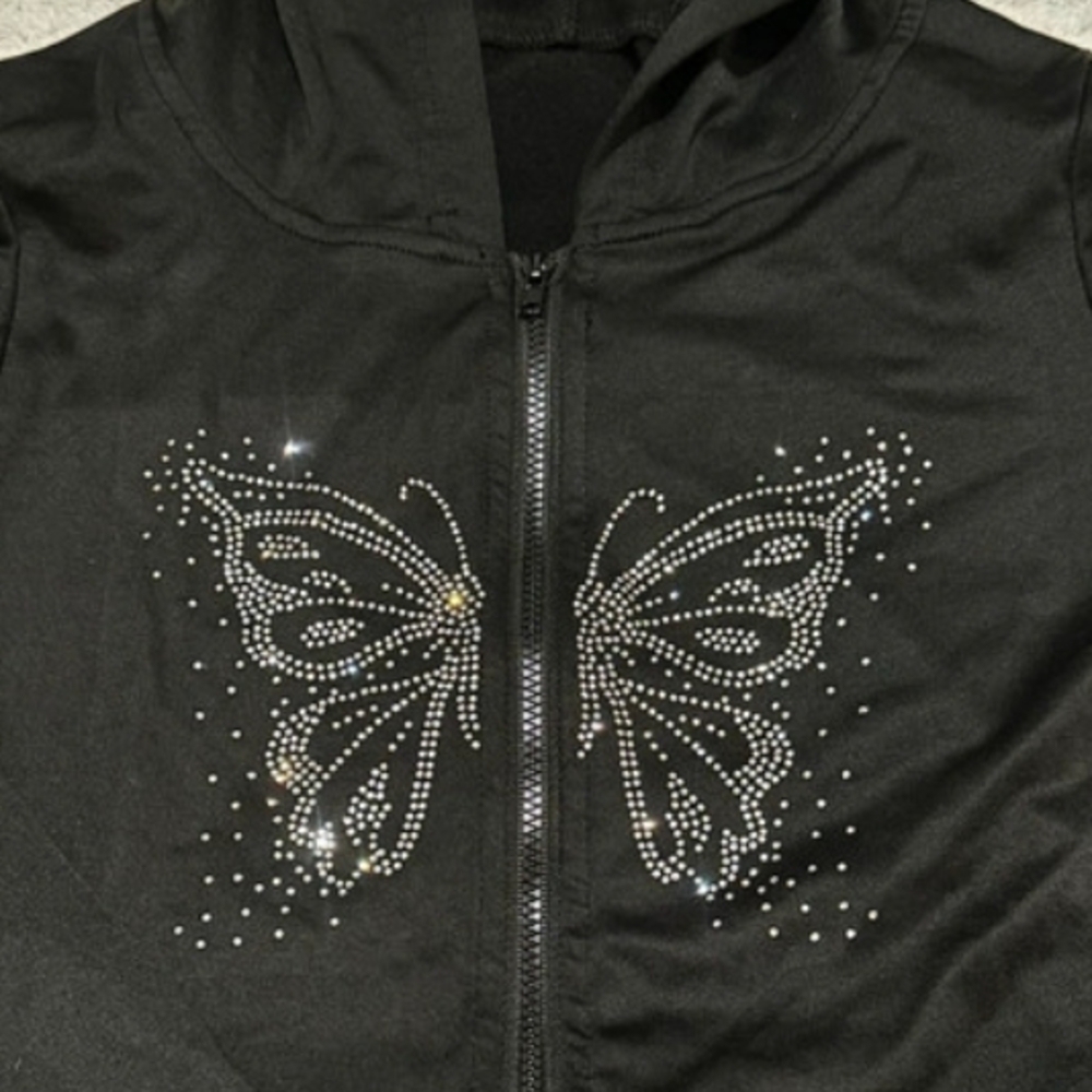 Black Rhinestone Butterfly Puffer Jacket